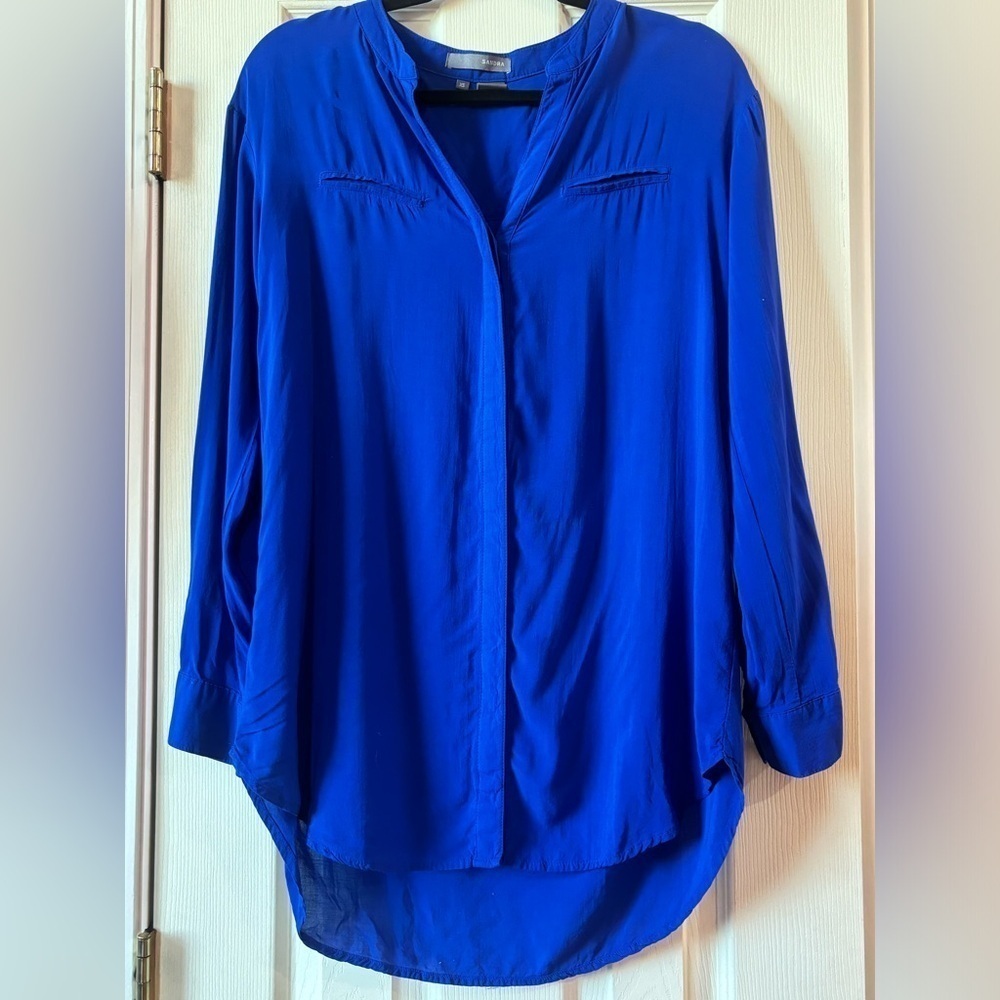 Sandra Button Front Shirt Royal Blue Long Slv Mandarin Collar Oversized Sz XS